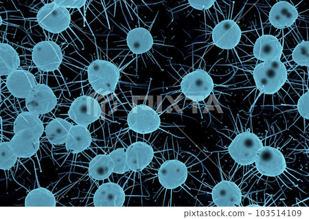 Bacteria. Close up of 3d microscopic bacteria. Bacteria Colony. Bacterium. Prokaryotic microorganisms. 3d illustration. Banner. Genetic mutation in bacteria can lead to antibiotic resistance. 103514109