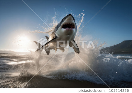 A shark leaping out of the water creates a thrilling image of danger and excitement. This action shot in sepia tone is perfect for adventure and surfing themes. AI Generative. A shark leaping out of the water creates a thrilling image of danger and excitement. This action shot in sepia tone is perfect for adventure and surfing themes. AI Generative. 103514256