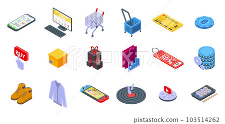 Online shopping icons set. Isometric set of online shopping vector icons for web design isolated on white background Online shopping icons set. Isometric set of online shopping vector icons for web design isolated on white background 103514262