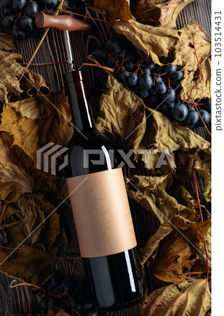 Bottle of red wine with corkscrew. On a table dried vine leaves and blue grapes. Bottle of red wine with corkscrew. On a table dried vine leaves and blue grapes. 103514431