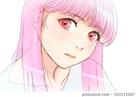 一個看起來輕鬆而嚴肅的女孩的線條畫彩色插圖頭髮 = 粉紅色眼睛 = 粉紅色無背景淺口紅 103515087