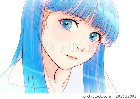Line drawing color illustration of a girl with a relaxed & serious look Hair = blue Eyes = blue No background Light lipstick 103515092