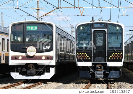 205 series 600 series and E131 series 600 series of Nikko line lined up at the depot 205 series 600 series and E131 series 600 series of Nikko line lined up at the depot 103515267