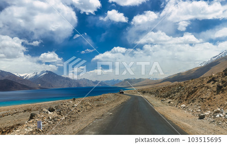 Pangong Lake is the highest saltwater lake in the world,Pangong Tso or Pangong Lake is an endorheic lake spanning eastern Ladakh and West Tibet situated at an elevation of 4,225 m , Ladakh, India, 103515695