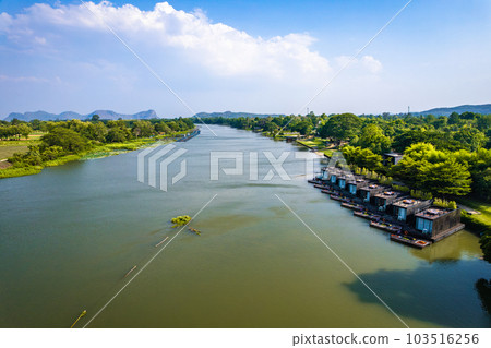 Aerial view of River Kwai and floating houses in Kanchanaburi province, Thailand 103516256