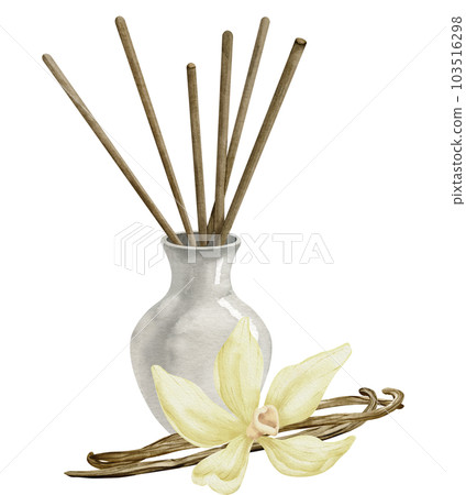 Diffuser with Vanilla flowers and Sticks. Hand drawn watercolor illustration on white isolated background. Drawing of refresher for fragrance and aroma therapy. Sketch of essential perfume for home. 103516298