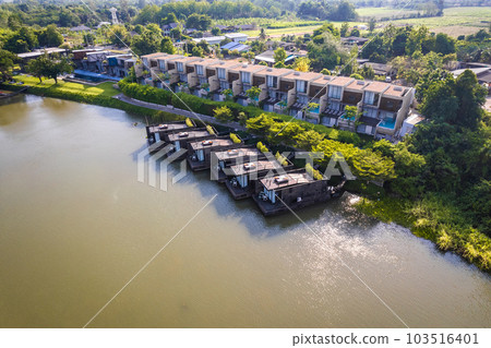 Aerial view of River Kwai and floating houses in Kanchanaburi province, Thailand 103516401