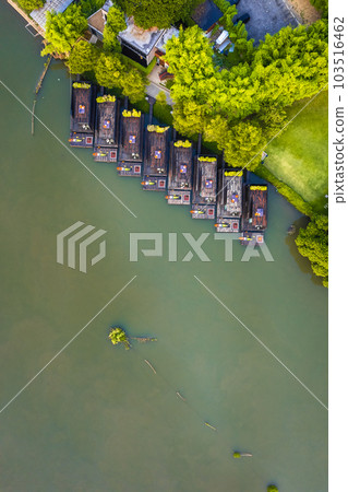 Aerial view of River Kwai and floating houses in Kanchanaburi province, Thailand 103516462