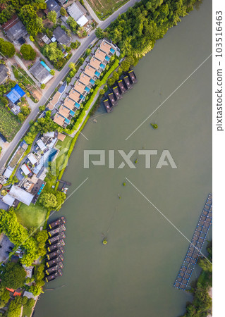 Aerial view of River Kwai and floating houses in Kanchanaburi province, Thailand 103516463