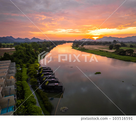 Aerial view of River Kwai and floating houses in Kanchanaburi province, Thailand 103516591