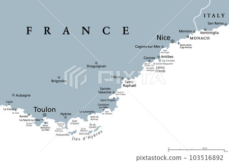 French Riviera, gray political map. Mediterranean coastline of the southeast corner of France, known as Cote dAzur or Azure Coast. Considered to extend from Toulon in the west to Menton in the east. 103516892