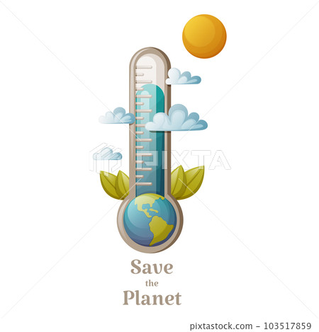 Changing of the climate, earth inside ecology thermometer, cartoon vector illustration, text save the planet 103517859