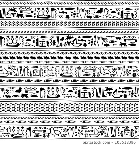 Ancient Egypts allure monochrome seamless pattern, featuring hand-drawn symbols reminiscent of hieroglyphs. Perfect for clothing, curtains, and notebooks Ancient Egypts allure monochrome seamless pattern, featuring hand-drawn symbols reminiscent of hieroglyphs. Perfect for clothing, curtains, and notebooks 103518396