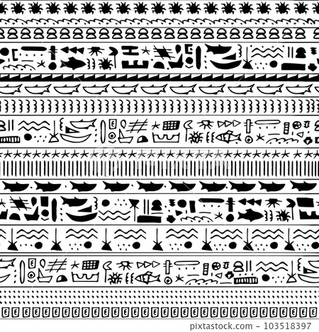 Elegant egypt-inspired vector illustration with monochrome patterns and intricate hieroglyphic motifs. Versatile for adult clothes, curtains, and notebooks. Eye-catching symbols of fish, waves, whale Elegant egypt-inspired vector illustration with monochrome patterns and intricate hieroglyphic motifs. Versatile for adult clothes, curtains, and notebooks. Eye-catching symbols of fish, waves, whale 103518397