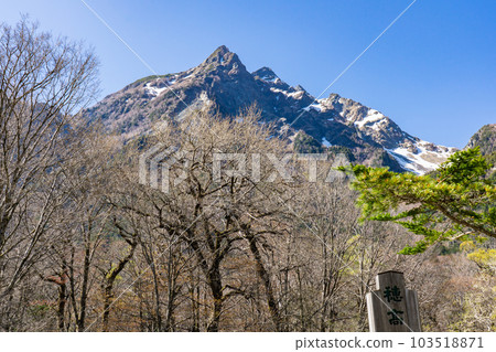 Mt. Myojin in the Northern Alps looking up from Myojinkan in Kamikochi, Nagano Prefecture Mt. Myojin in the Northern Alps looking up from Myojinkan in Kamikochi, Nagano Prefecture 103518871