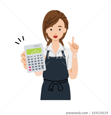 一位穿著圍裙站著拿著計算器的女職員 103519135