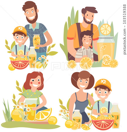 Happy family enjoys the outdoors while sipping refreshing lemonade and sharing moments of joy.Fruit drink, mother, father and child, flowers.Picnic on the nature.Poster for your design. Vector Happy family enjoys the outdoors while sipping refreshing lemonade and sharing moments of joy.Fruit drink, mother, father and child, flowers.Picnic on the nature.Poster for your design. Vector 103519388