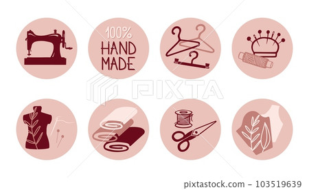 Set of highlight covers for social media stories. Round icons with sewing elements in a modern boho palette. Designed for social pages, tailor shop, seamstress 103519639