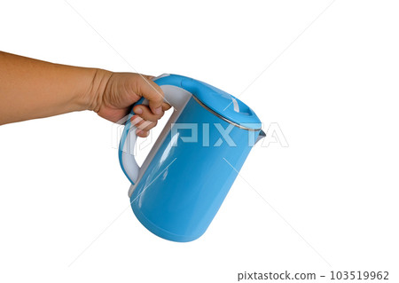 Hand hold an Electric kettle for boiling water on white background. Hand hold an Electric kettle for boiling water on white background. 103519962