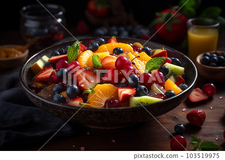 Refreshing bowl of fruit salad with seasonal fruits, strawberries, blueberries, watermelon, pineapple. AI generated 103519975