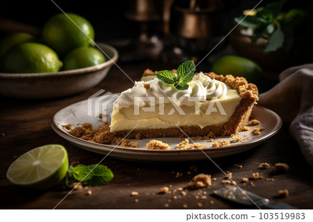 Refreshing slice of key lime pie with tangy custard filling and cracker crust, whipped cream. AI generated. Refreshing slice of key lime pie with tangy custard filling and cracker crust, whipped cream. AI generated. 103519983