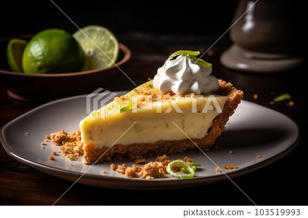 Refreshing slice of key lime pie with tangy custard filling and cracker crust, whipped cream. AI generated. Refreshing slice of key lime pie with tangy custard filling and cracker crust, whipped cream. AI generated. 103519993