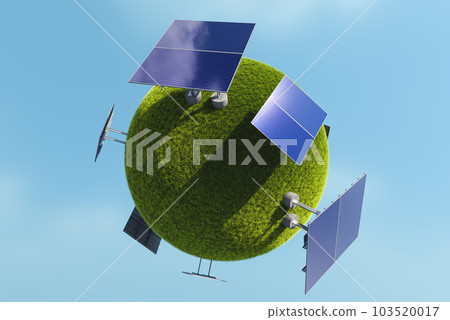 Rows of solar panels on a green meadow Rows of solar panels on a green meadow 103520017