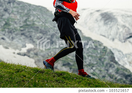 legs male runner running down mountain marathon race on green meadow, background snowy peaks legs male runner running down mountain marathon race on green meadow, background snowy peaks 103521657