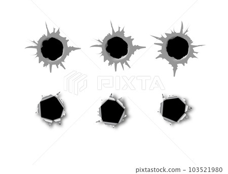 Ragged hole in metal from bullets on white transparent background. Vector Ragged hole in metal from bullets on white transparent background. Vector 103521980