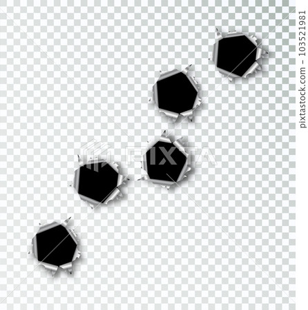 Set of five bullet holes. Isolated on white transparent background. Vector eps 10. 103521981