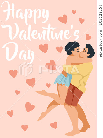 Couple relationship. Hugging man and woman, happy valentines day text, greeting card, heart shapes around, girl and boy together, romantic persons, cartoon flat vector illustration Couple relationship. Hugging man and woman, happy valentines day text, greeting card, heart shapes around, girl and boy together, romantic persons, cartoon flat vector illustration 103522159