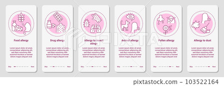 Allergy mobile app interface. Drug infographic. Smartphone application. Pollen allergen. Symptom types. Animal tested cosmetic. Food menu in phone. Vector graphic phone UI template set 103522164