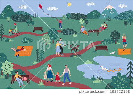 Spring park. Family picnic in nature. People walking with kids and dog pets. Weekend resting. Active leisure. Children fun activities. Friends stroll. Vector hand drawn illustration 103522198