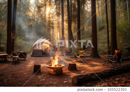 A campsite in the heart of a forest, surrounded by trees. The campfire in the background. Generative AI 103522301