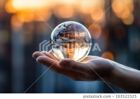 Man hands holding transparent earth globe over blurred background. Generative AI 103522325