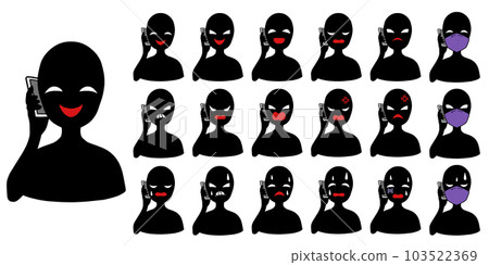 An icon set of a black silhouette person with a bad guy image holding a smartphone 103522369