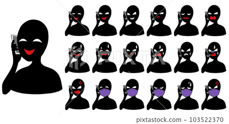 An icon set of a black silhouette person with a bad guy image holding a smartphone 103522370