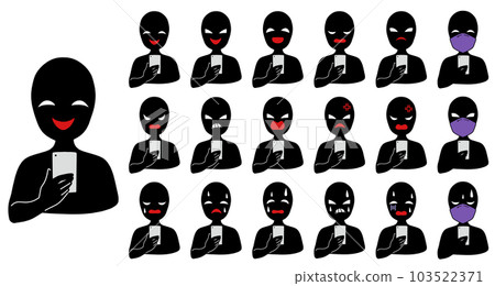 An icon set of a black silhouette person with a bad guy image holding a smartphone 103522371