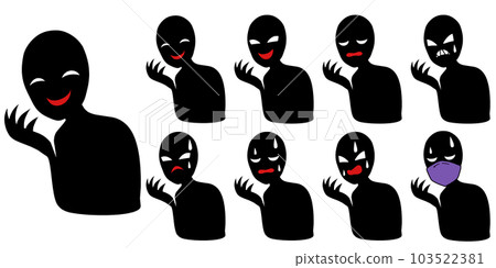 Illustration set of a black silhouette person with an image of a bad person with an expression such as laughing Illustration set of a black silhouette person with an image of a bad person with an expression such as laughing 103522381