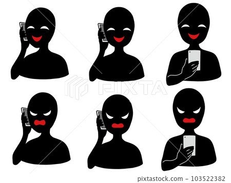 Illustration set of a black silhouette person with a bad guy image holding a smartphone Illustration set of a black silhouette person with a bad guy image holding a smartphone 103522382