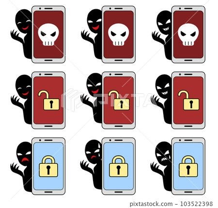 具有智能手機輪廓的人的安全圖像和壞人圖像的插圖素材集 103522398