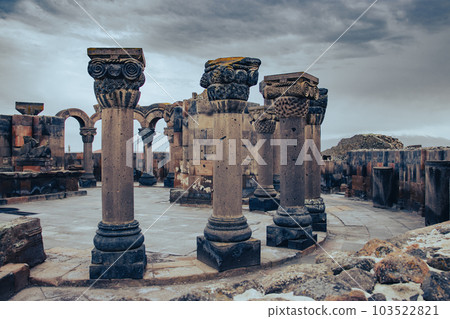 View of ancient column in Zvartnos temple in Armenia concept photo. 103522821