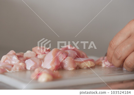 cutting chicken fillet at cooking classes. 103524184