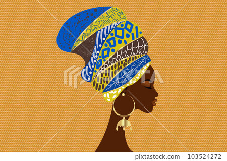 portrait beautiful African woman in traditional turban tribal motifs, Kente head wrap, African Traditional black women vector silhouette isolated with gold earrings, fashion hairstyle beauty concept 103524272