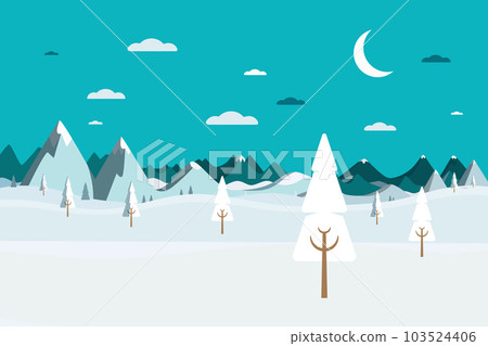 Night winter landscape with trees, field and mountains covered with snow - vector 103524406