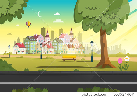 Empty morning city park with trees, street on foreground and houses on background - vector 103524407