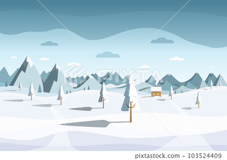 Winter landscape - vector. Field and trees covered with snow with frozen cabin and mountains on background. Winter landscape - vector. Field and trees covered with snow with frozen cabin and mountains on background. 103524409