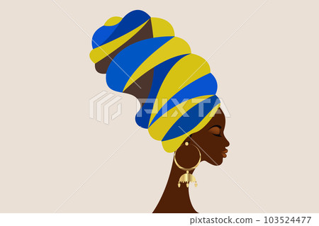 portrait beautiful African woman in traditional turban, Kente head wrap African, Traditional black women vector silhouette isolated with gold earrings, fashion hairstyle and beauty concept portrait beautiful African woman in traditional turban, Kente head wrap African, Traditional black women vector silhouette isolated with gold earrings, fashion hairstyle and beauty concept 103524477