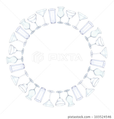 Round frame empty transparent glass for lemonade, alcoholic drinks, cocktail. Hand drawn watercolor illustration isolated on white background. For bar restaurant menu 103524546