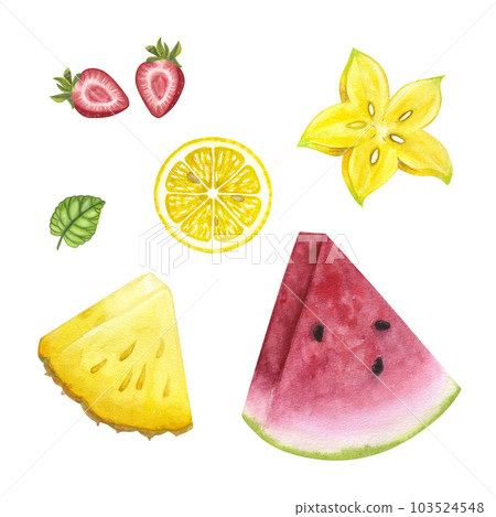 Bunch tropical fruits. Lemon watermelon strawberry pineapple carambola. Hand-drawn watercolor illustration on white background. For bar restaurant menu logo 103524548